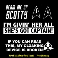 Star Trek 5 Pack White Vinyl Decals Car Truck Tumblers Laptop Tablet Windows