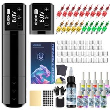 Poseidon Wireless Rotary Tattoo Machine Kit 20 Tattoo Cartridge Needles Ink Set