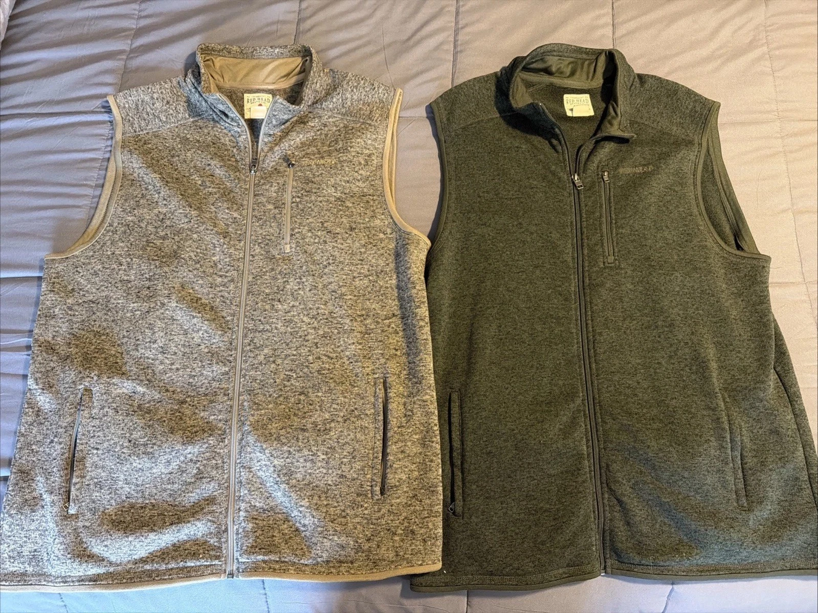(2) Bass Pro Red Head Mens Full Zip UP Vest Pockets Size Large x2 Tan & Green