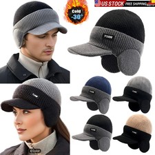 Winter Beanie with Brim and Ear Flaps, Outdoor Warm Fleece Lined Knit Hat Caps