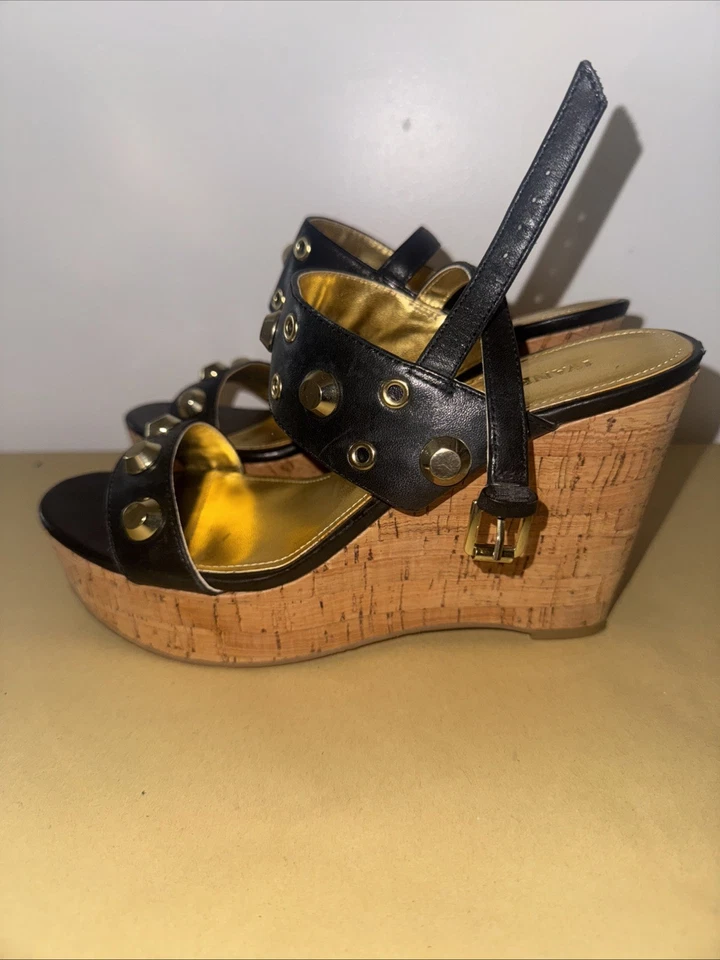 Sandalias IVANKA TRUMP GITTY de cuero negro con tachuelas cuñas con cordones para mujer talla 7 Foto 2 de 4