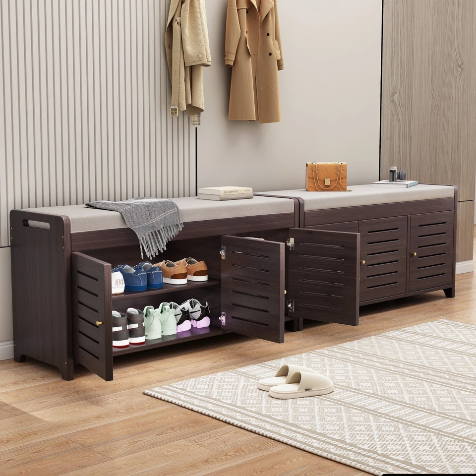 Shoe Storage Bench, Solid Wood with Cushion, Multi-Compartment Organizer, Modern - Image 4 of 4