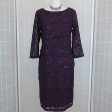 Ronni Nicole Dress UK 10 Plum Floral Lace Sparkle 3/4 Sheer Sleeves Tiered Party
