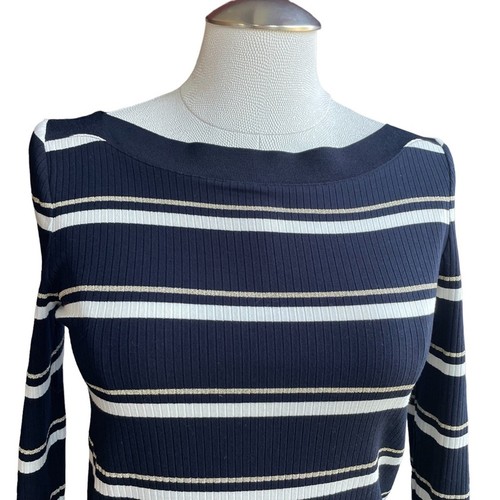Women's Massimo Dutti Navy Striped Boat Neck Maxi Long Sleeve Knit Dress sz XS - Picture 2 of 10