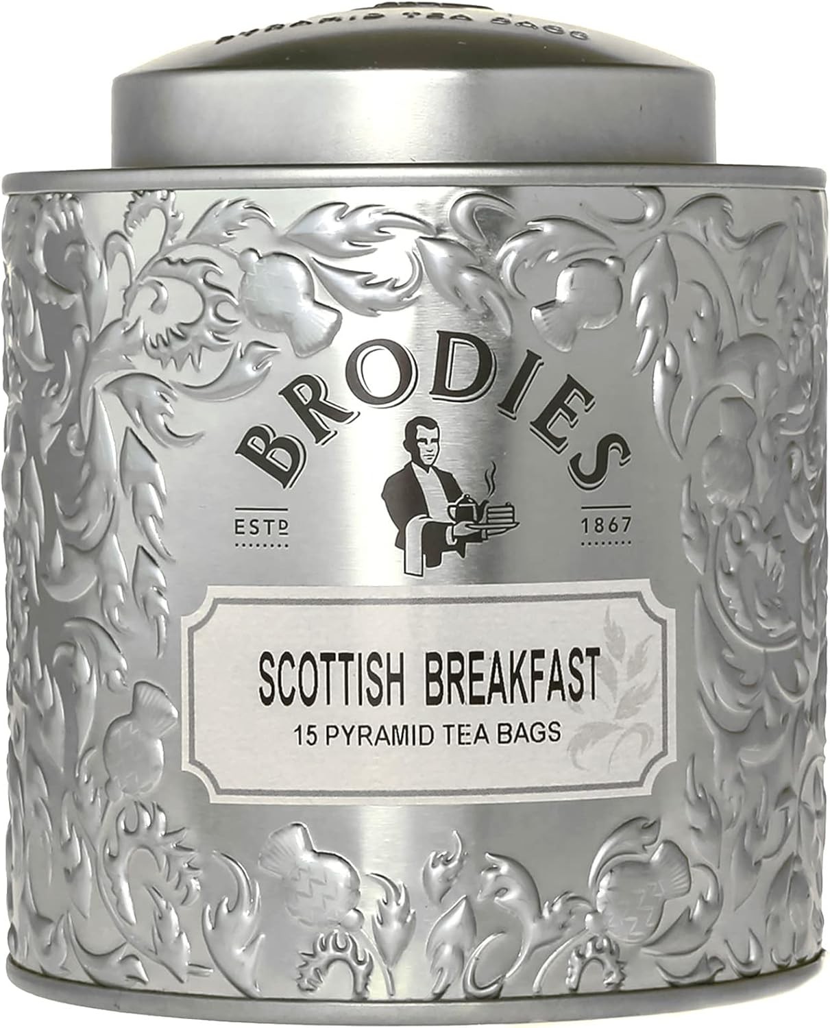 Brodies Scottish Breakfast Pyramid Tea - Gift Tin Caddy Silver Colour (15 Pyram