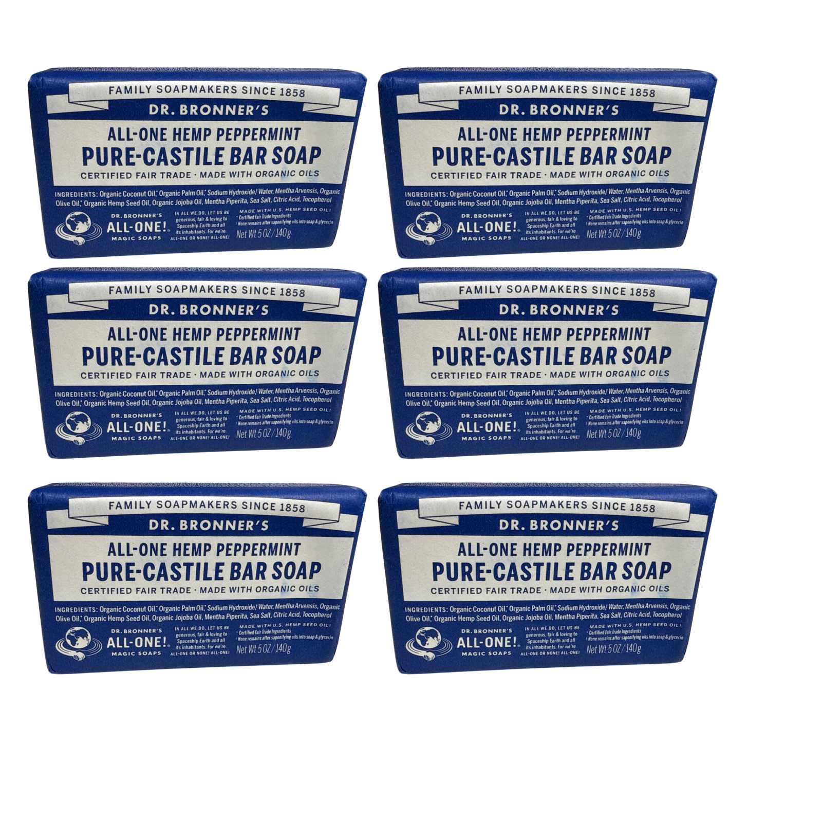 6 Pack Dr. Bronner’s Pure Castile Bar Soap Peppermint Hemp 5oz Fair ...