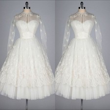 Long Sleeves Wedding Dresses Short Ivory A Line Lace Vintage Classic Bridal Gown