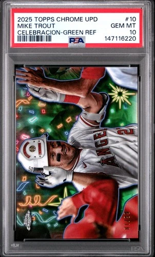 2025 Topps Chrome Update #CT-10 Mike Trout Celebracion Green PSA 10 #/99 POP 1