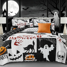 Halloween Quilts Queen Size,Black Cat Pumpkin Skull Bedspread  Lightweight Micr