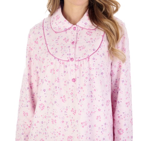 Nightdress Womens Slenderella Floral Brushed Cotton Long Sleeved Collar Nightie - Picture 39 of 43