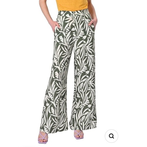 ArtLove White Green Wide Leg Pants Floral Leaf Pattern Sz M Spring Summer