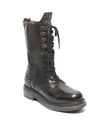 WOz 2226 Black Leather Lace-Up Zip-Up Studded Platform High Boots 36 / US 6