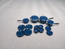 Doll Miniature Metal Blue Graniteware Dishes Pots Pans Plates Bowls Dollhouse
