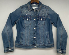 Newport Denim Jacket Womens Small-embellished-lightly Distressed-trucker-stretch