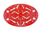 Vintage Red Enamel Trivet,Decorative,Iron,Ru bber Feet,Oval,Hanging Ring,11x7.6"