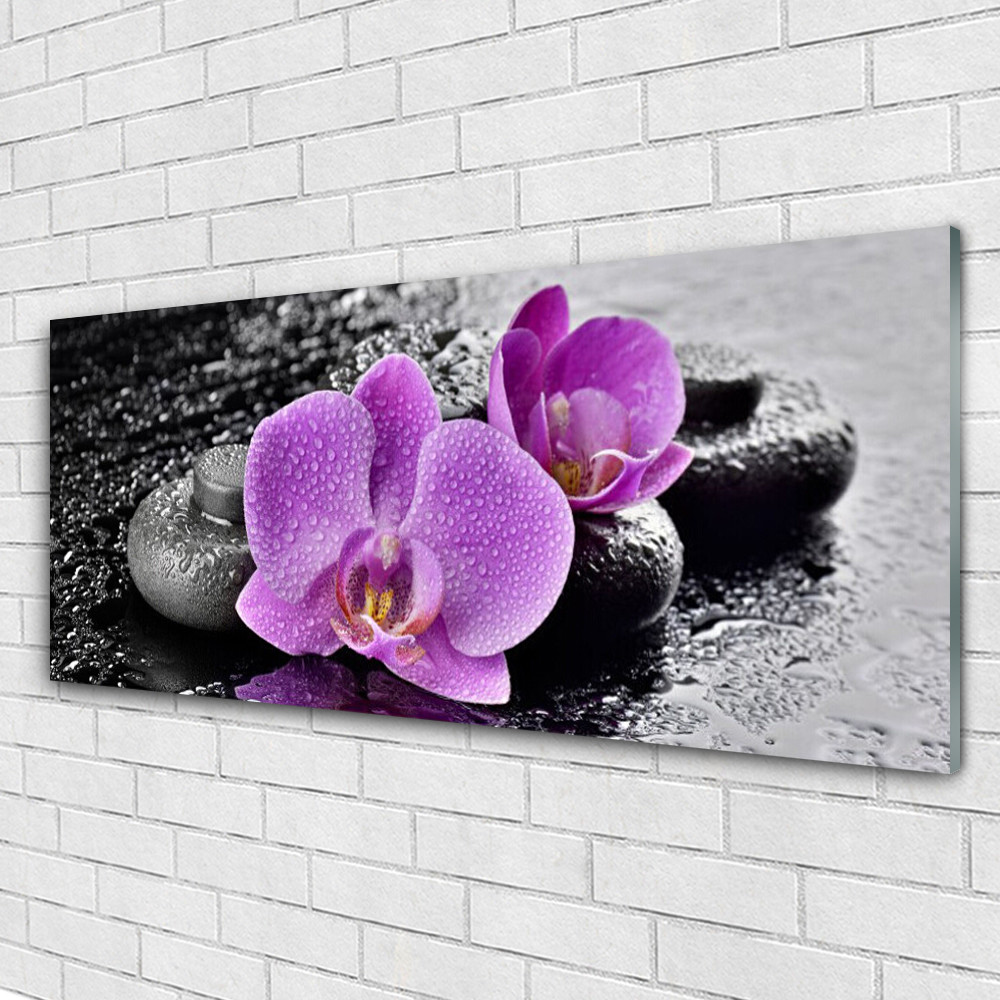Image tableaux 125x50 floral et pierres zen sur verre brillant pour décoration murale