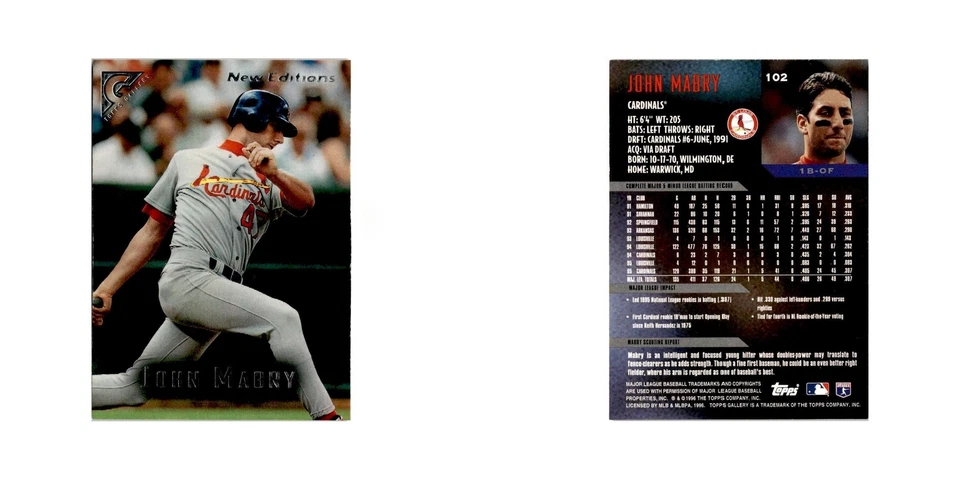 John Mabry 1996 Topps Gallery #102 St. Louis Cardinals Baseball Card NM - Image 3 of 3