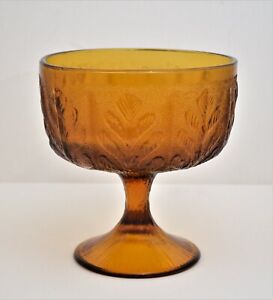 VINTAGE-FTD-AMBER-GLASS-PRESSED-FOOTED-BOWL-COMPOTE-CANDY-DISH-OAK-LEAF