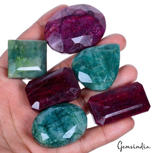 1370 Ct/6 Pc Natural Ruby Emerald Mix Faceted Cut Earth Mined Huge Size Gemstone - Picture 2 of 5