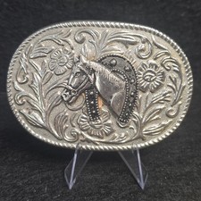 Cowboy Western Belt Buckle Horse Buckle Metal Oval Detailed Floral Design 3D