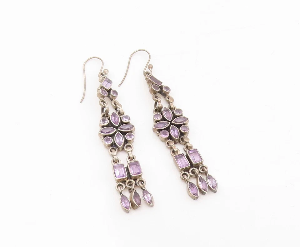 Pendientes vintage de plata de ley 925 amatista floral araña colgante EG13877 Foto 2 de 4