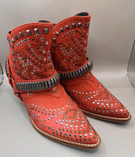 YBS Penelope Coral Orange Leather Studded Western Ankle Boots Size 7