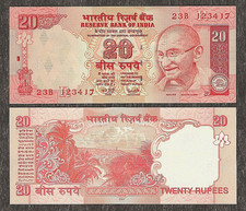 INDIA 20 RUPEES P-96a  R  2007 x 1 Pc UNC MAHATMA GANDHI YVR SIGN MONEY BANKNOTE