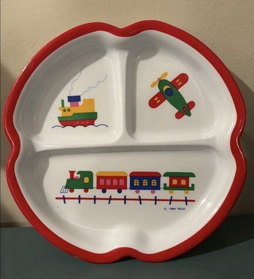 PECO Kids Plastic Portion Plate 1984 Train Boat Airplane Red White Vintage Retro
