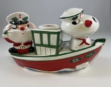 Vtg. Holt Howard 1959 SS Noel Santa Candleholder Boat Salt Pepper Shaker Set MCM