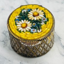 VTG Italian Micro Mosaic Inlaid White Daisy Flower Small Pill Trinket Hinged Box
