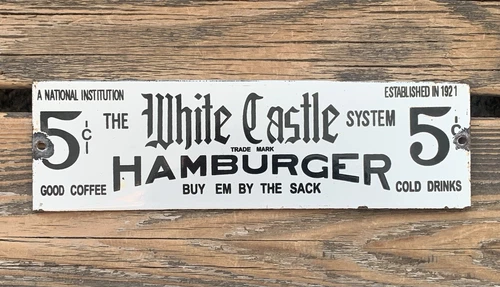 VINTAGE 5c WHITE CASTLE HAMBURGER 10x3" DINER SODA POP GAS PORCELAIN SIGN