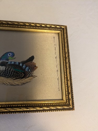 Vintage Pair Of Ducks Feather Relief Detail Picture Artworks Framed Asian Signed - Picture 9 of 10