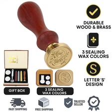 Wax Seal Stamp Kit with Wooden Handle & Brass Head – Letter S