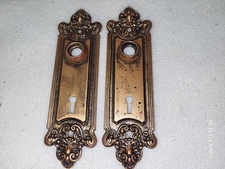 Two Ornate Antique Brass Finish 7 1/2" Escutcheon Door Back Plates Lot BP16