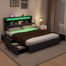 Modern Upholstered Bed King Size w/ Adjustable Storage Headboard & 4 Drawers