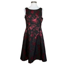 Adrianna Papell Women's Cocktail Dress Size 10 Black & Red Floral Jacquard Midi