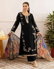 Women Black Festive Embroidered Indian Kurta With Pants Dupatta ,Salwar Kameez