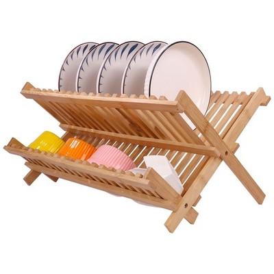 SZUAH Collapsible Bamboo Dish Drying Rack - 2 Tier Space Saving Kitchen Count...