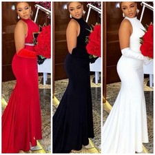 Long Sleeveless High Neck Gown Dress Bow Accent Zip Red Black White Solid
