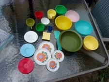 Lot of Vtg. Children's Plastic Kitchen Set: Cups, Saucers, Bowls  