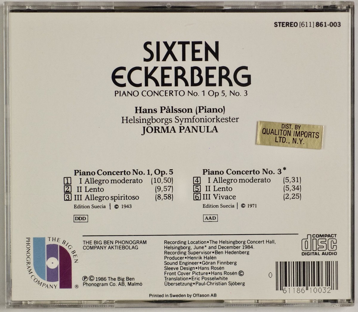 SIXTEN, ECKERBERG: Piano Concerto, Hans Palsson, Jorma Panula CD