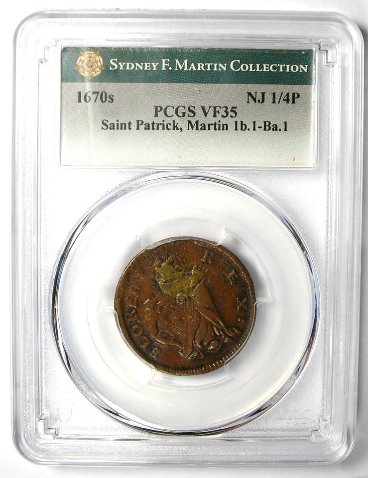 1670 New Jersey St Patrick Farthing Colonial Coin 1/4P - PCGS VF35 - $2000 Value - Image 2 of 4