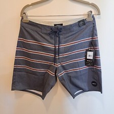 New Rvca Mens Board Shorts Mid Length 18" Blue Gray Red Stripe NWT