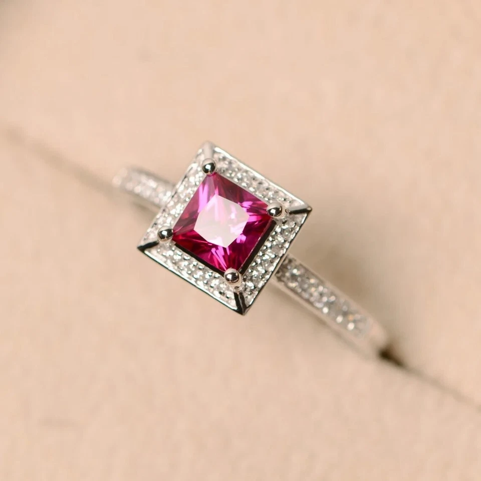Pink Ruby Women Ring Lab Created Princess Cut Gemstone 925 Sterling Silver Ring - Image 3 of 4