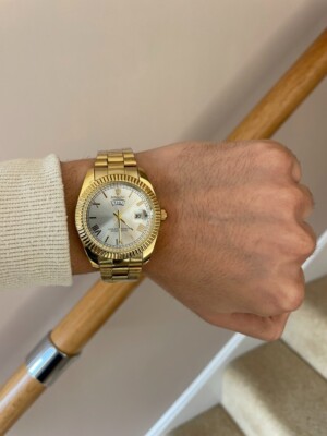 Herren Gold Day Date Quarz Uhr mit weiß/silbernem Zifferblatt und Wasserdicht Luxus
