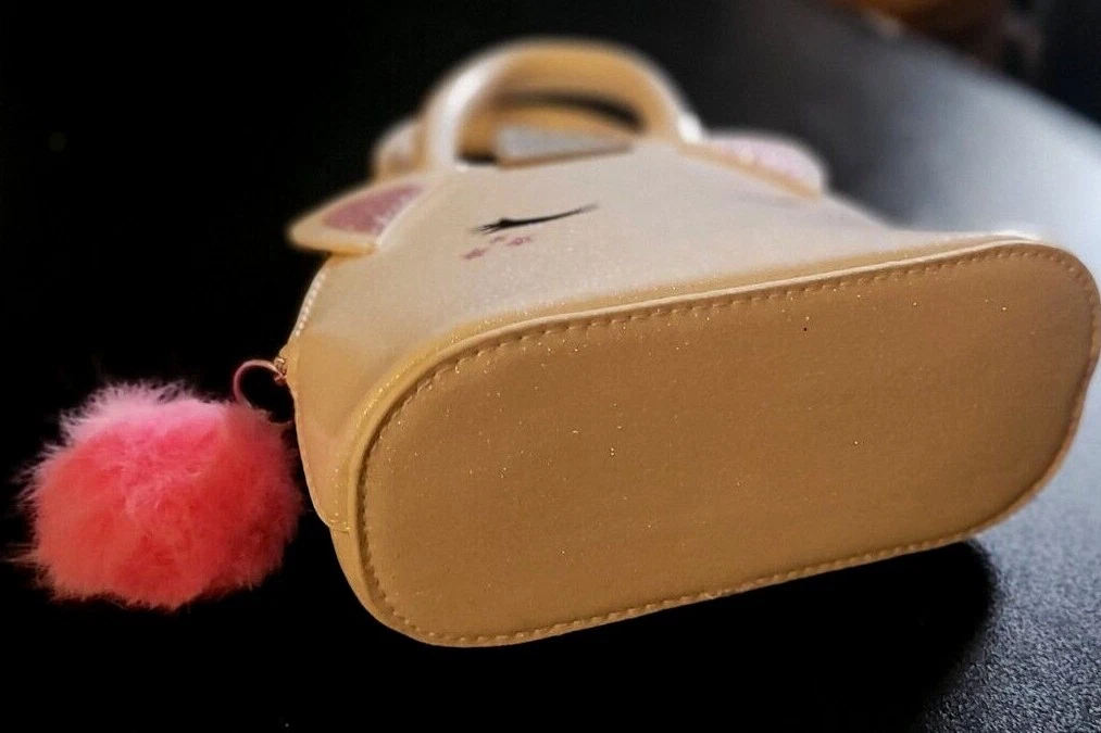 H&M Carino Vinile Rosa Bianco 6" Unicorno Borsa Borsa a Mano con Cerniera con Fob Pompon; Nuovo con etichette oT