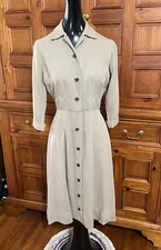 VINTAGE 40s 50s "NEW LOOK" NELLY DON GABURDINE KHAKIE BUTTON UP Dress 36b 26w