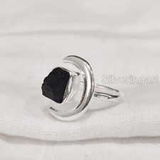 NATURAL BLACK TOURMALINE 925 STERLING SILVER CRESCENT MOON ADJUSTABLE WOMEN RING