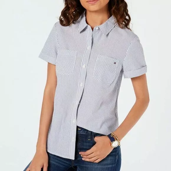 Tommy Hilfiger Women's Plus Short Sleeve Camp Shirt, Printed Pindot,  BLUEBRY Multi at  Women's Clothing store