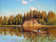 forest river boat by J. Krouthen Tile Mural Kitchen Backsplash Marble Ceramic